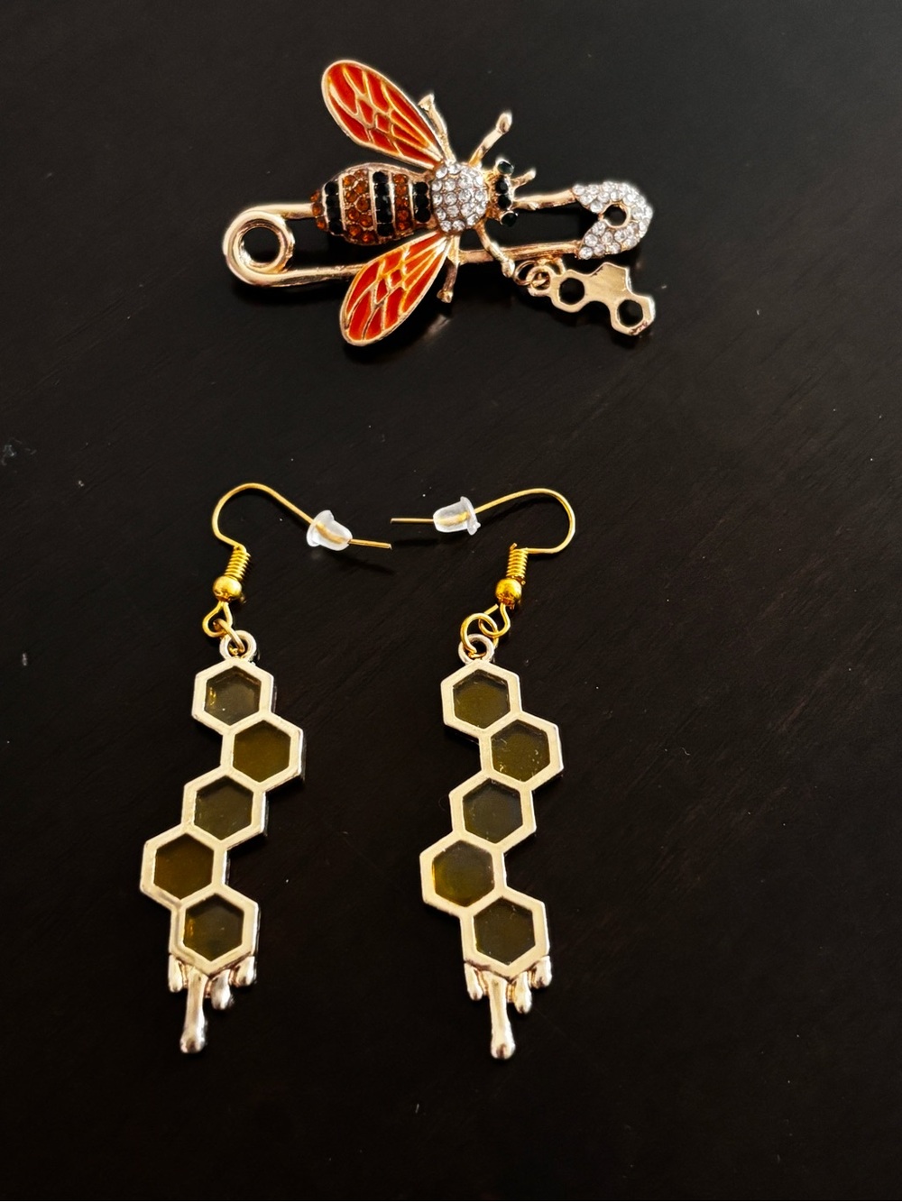 Gold Bee and Honeycomb Earrings Set - Gold and Orange